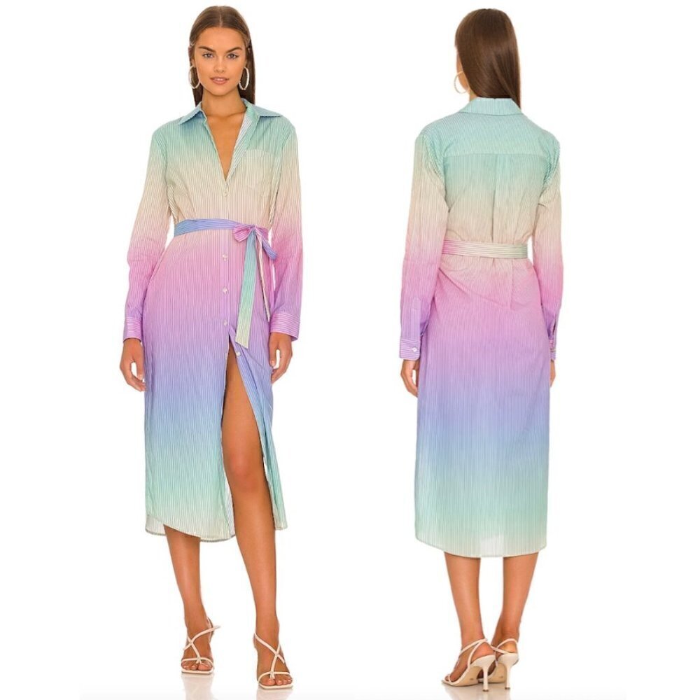 LE SUPERBE Girlfriend Stripe Long Sleeve Cotton Shirtdress Ombre Sky Size US 2